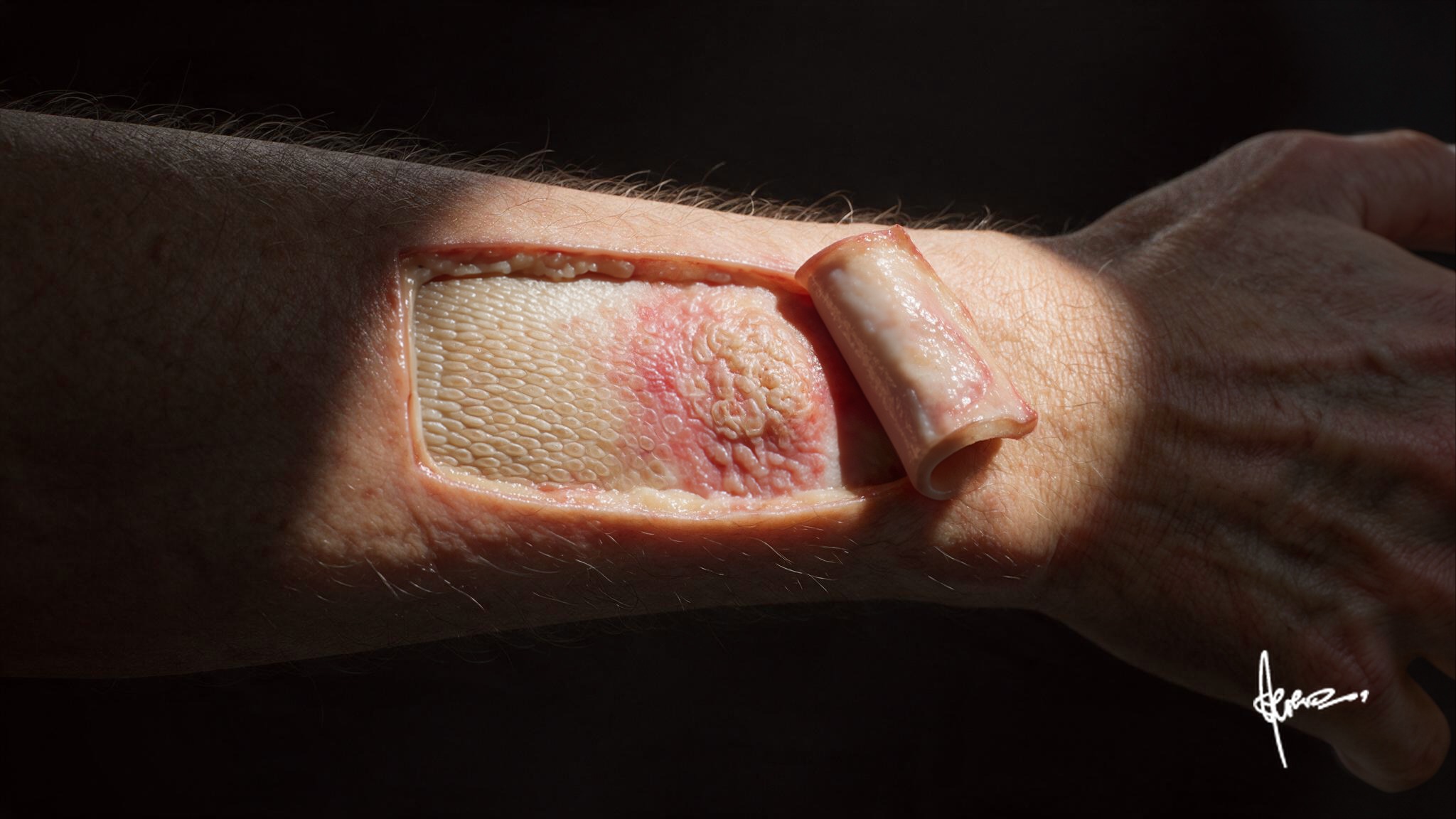 Actinic keratosis: establishing wide shot of the skin surface landscape, roughened and thickened stratum corneum