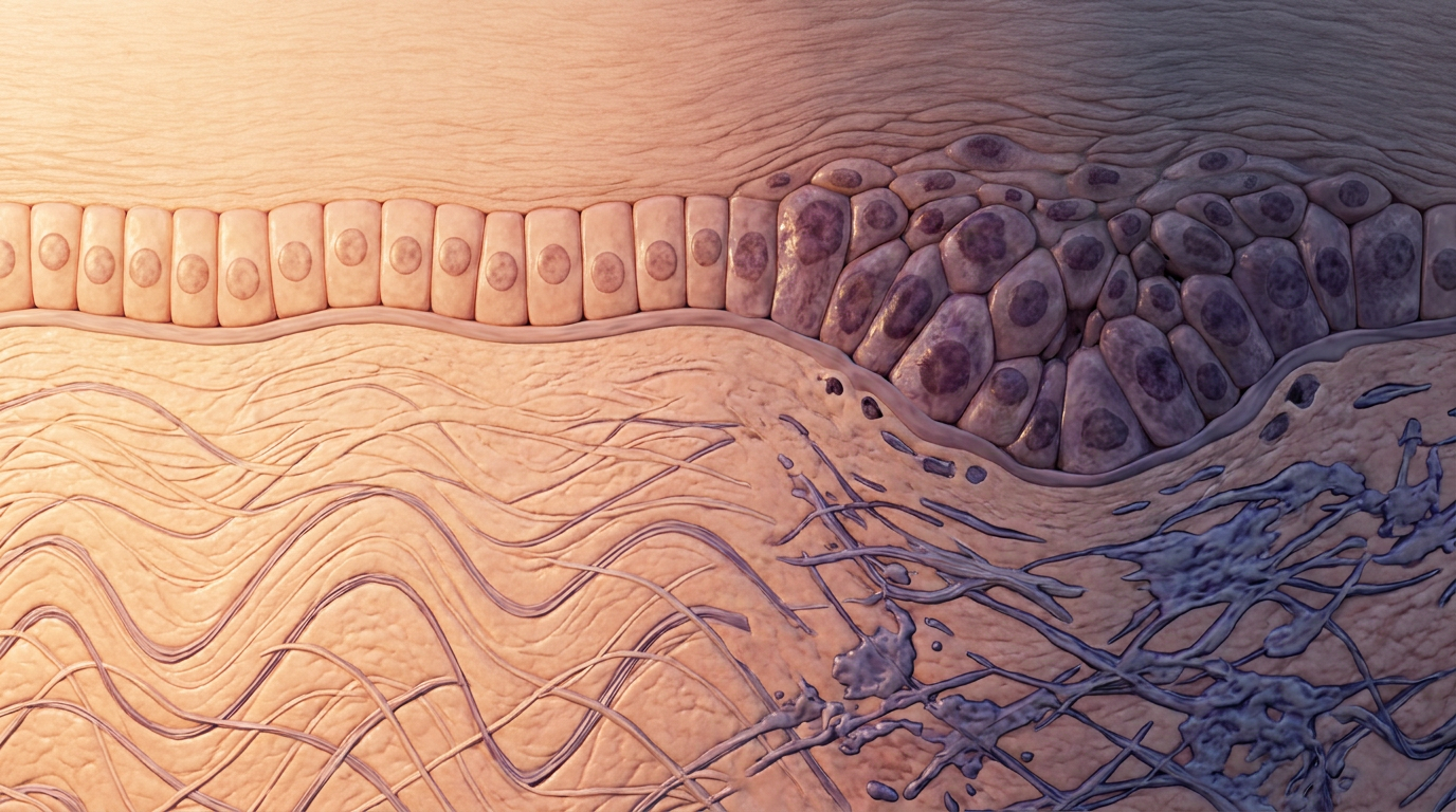 Dermal-epidermal junction: cross-section showing the interface between epidermis above and inflamed dermis below