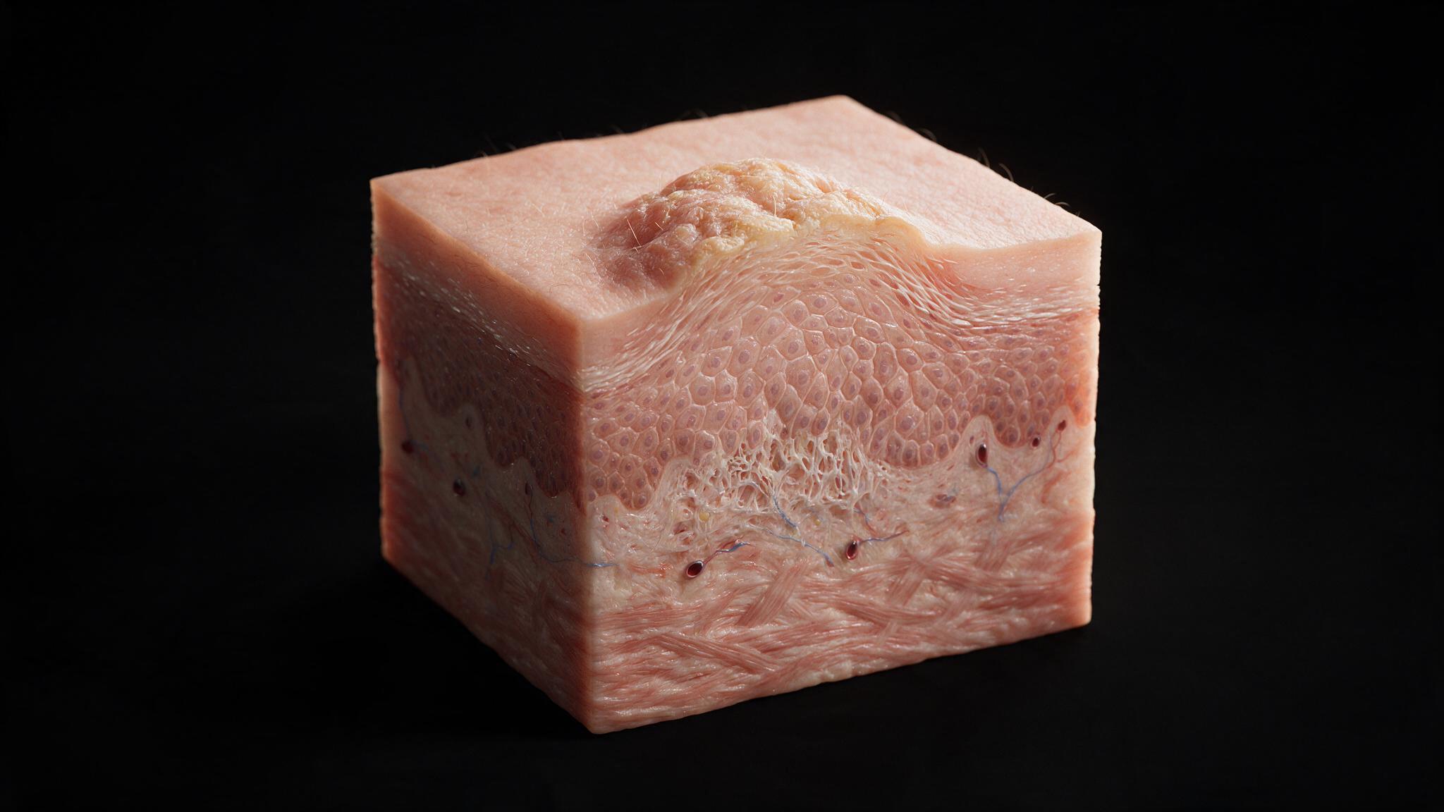 Cube-block cutaway render of actinic keratosis skin with normal left and AK right