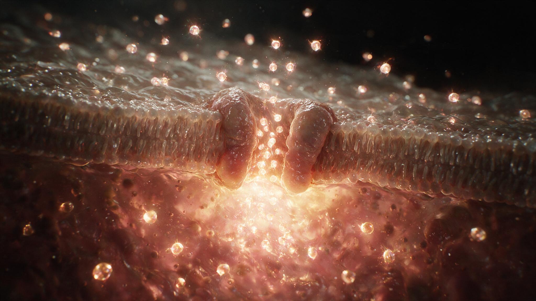 Full fluid environment: extracellular fluid with charged sodium ions above the lipid bilayer, intracellular cytoplasm with potassium ions below, ions streaming through open channel with plasma glow