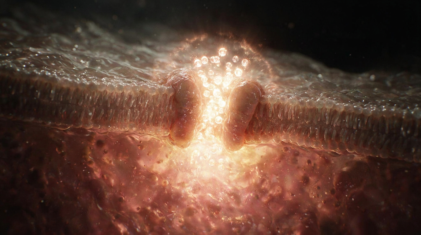 Before the flood: sodium ions clustered and charged at the extracellular mouth of the open channel, plasma glow intensifying, the moment just before the ion stream crosses into the cytoplasm