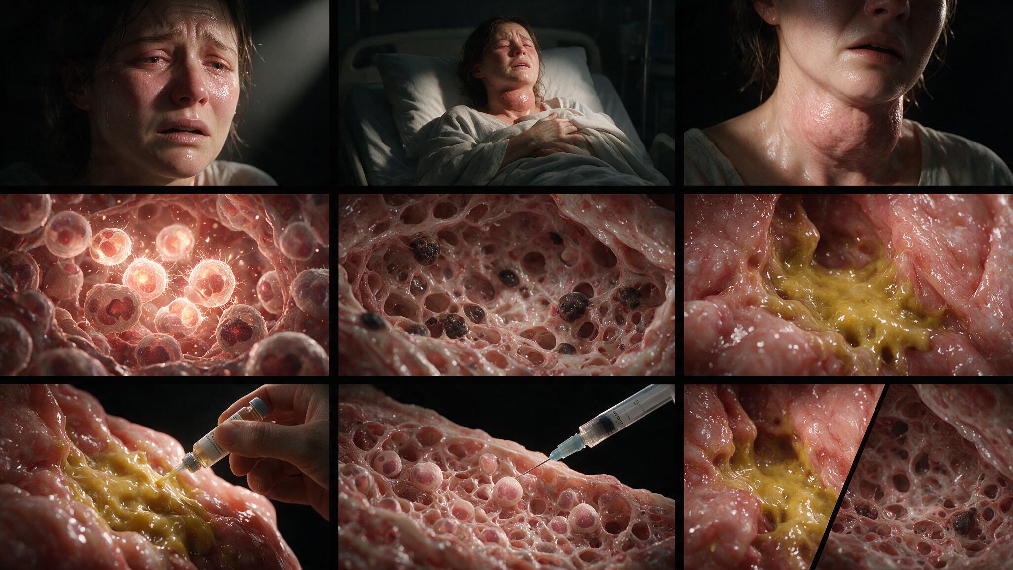 Clinical sequence: patient with fever and sore throat, CBC showing absolute neutrophil count of zero, pharyngeal exam showing necrotic exudate, and progression to septic physiology