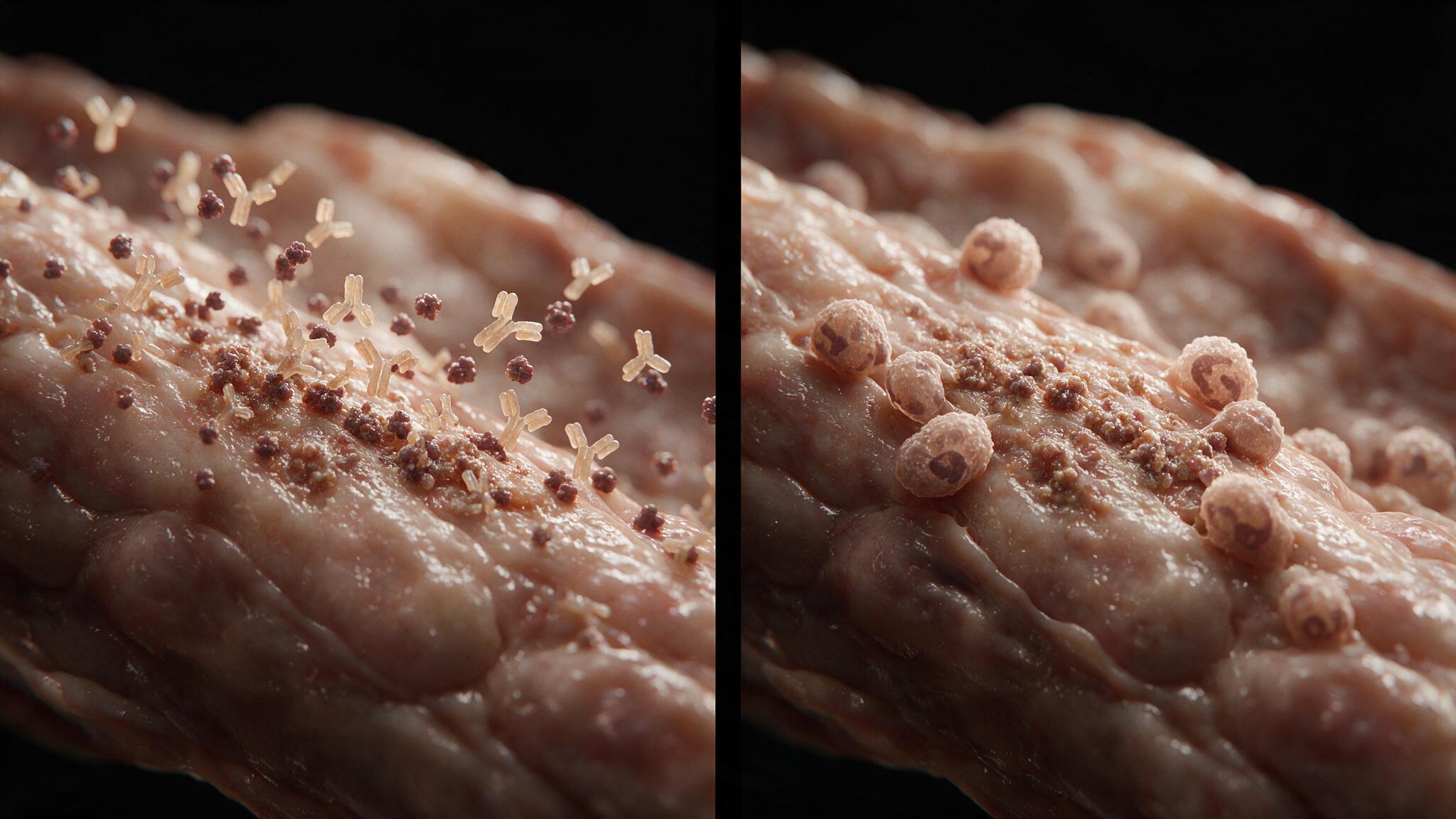 Two-panel prequel: left panel shows antigen-antibody lattice forming and depositing in vessel wall, right panel shows first neutrophils arriving and adhering to endothelium