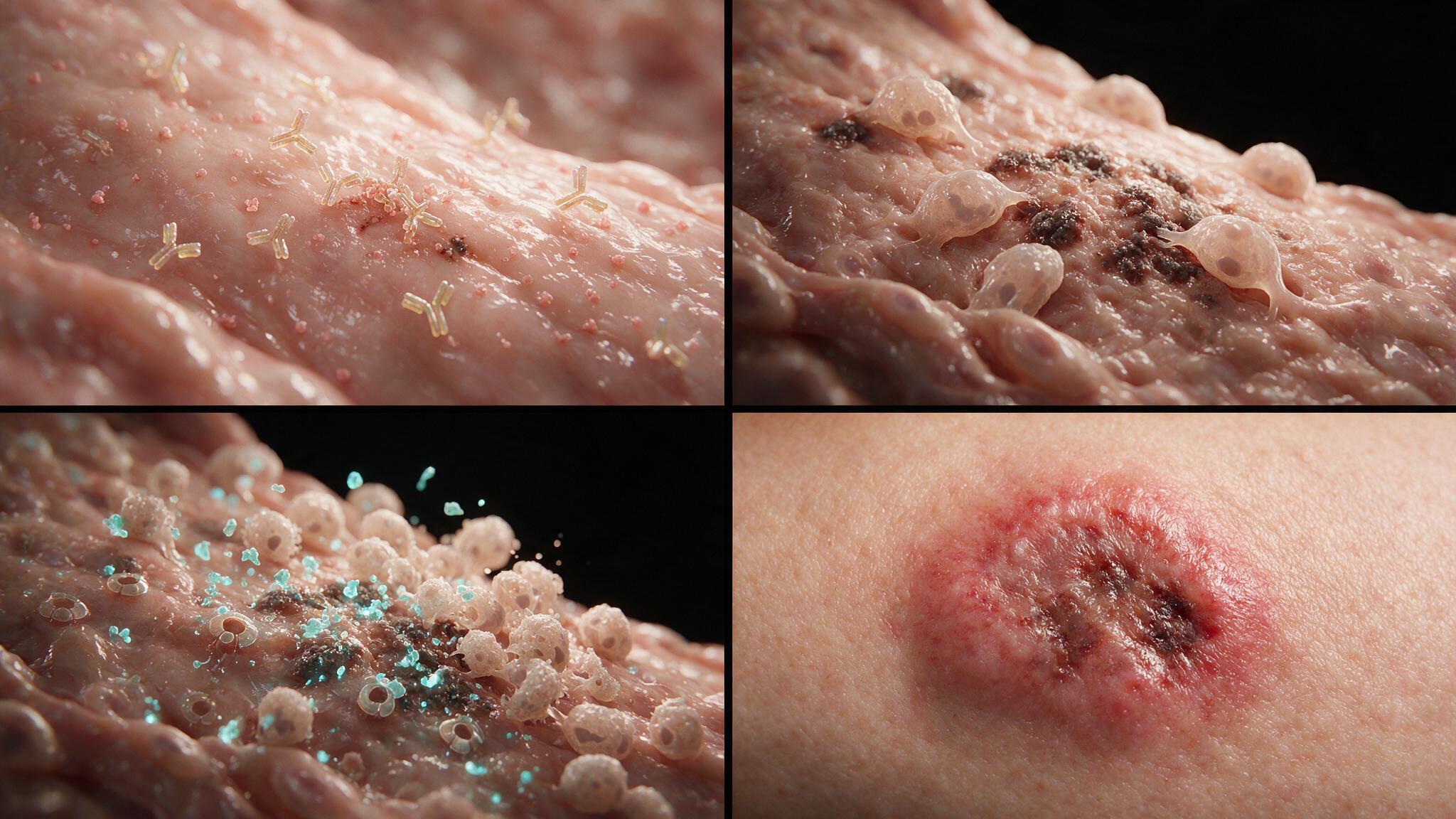 Full Arthus reaction 2x2 sequence: immune complex formation, neutrophil infiltration, complement activation with MAC formation, and gross skin outcome showing hemorrhagic necrosis at injection site