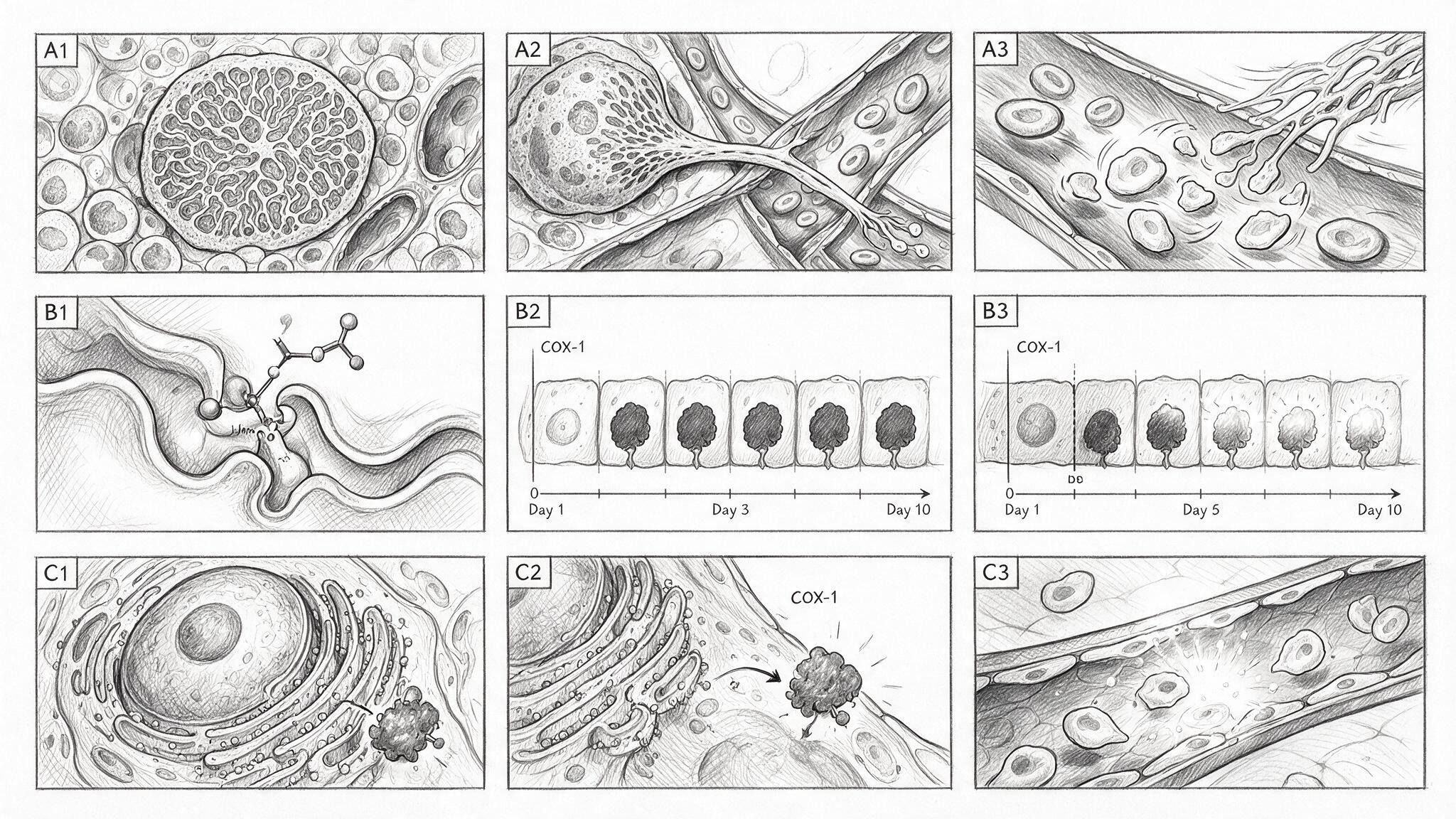 3x3 B&W storyboard: platelet origin from megakaryocyte through proplatelet arm, aspirin acetylation timeline, endothelial COX-1 re-expression contrast