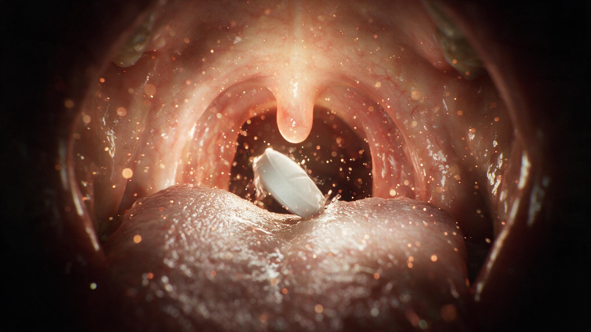 Immersive POV inside mouth at moment of swallowing aspirin tablet: tongue papillae in foreground, tablet dissolving mid-frame, soft palate and uvula visible beyond