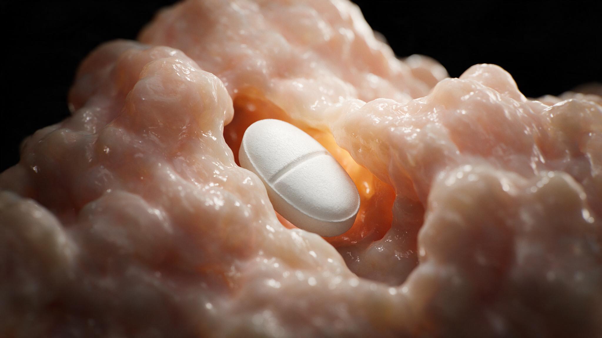 Aspirin tablet physically slotting into the narrow COX-1 active site channel like a key entering a lock, acetylating serine 530