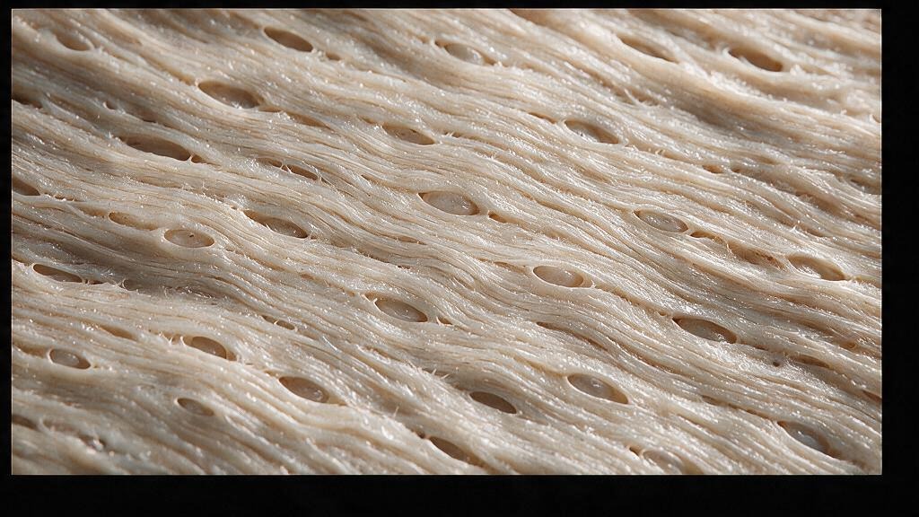 Lamellar bone: organized parallel collagen sheets, osteocytes aligned along cement lines, the final remodeled architecture osteopetrosis never achieves