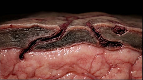 Eschar cross-section, dead avascular tissue cut off from the vascular tissue beneath it