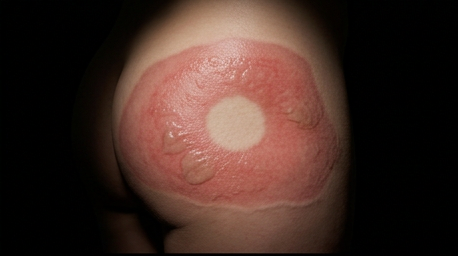 Scald burn with a sharp tide-mark border and a spared circle of skin, the pattern behind a non-accidental trauma diagnosis