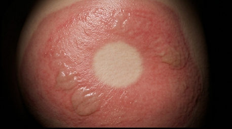 Closer view of the same burn pattern, the tide-mark border holding its shape