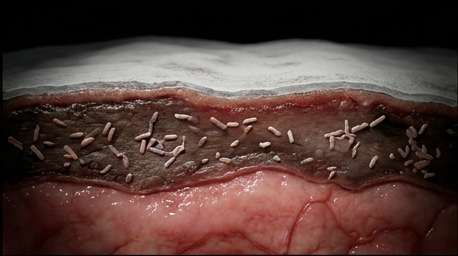 Zinc oxide film on the wound surface, bacteria multiplying unaffected in the eschar beneath it