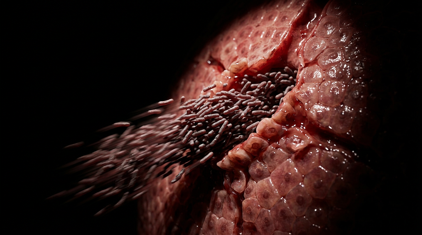 A dense stream of Mycobacterium avium organisms bursting through a ruptured blood vessel wall and flooding into surrounding liver tissue