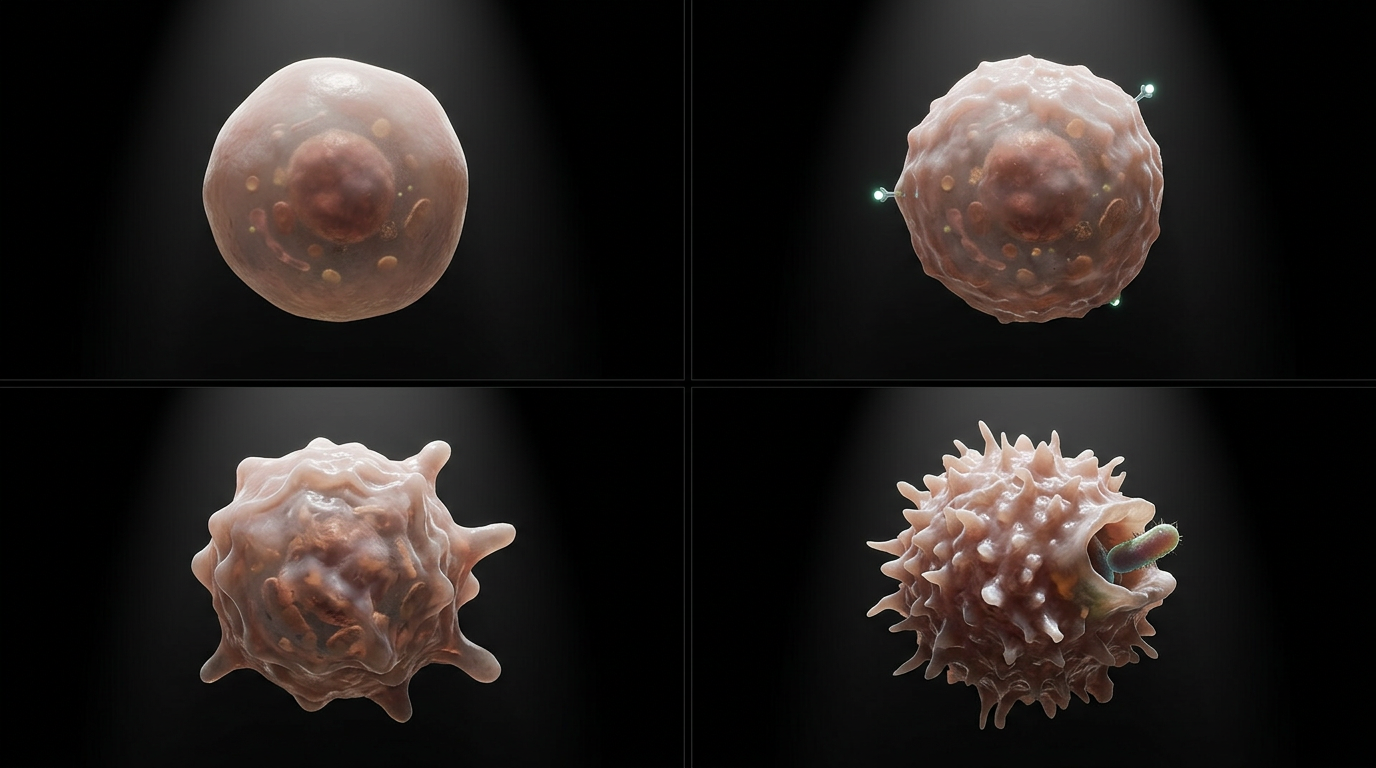 Macrophage before and after interferon-gamma signaling, from smooth and docile to ruffled and activated to actively engulfing a pathogen