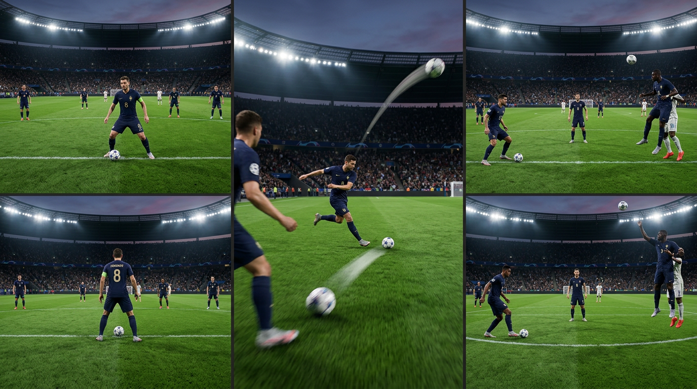 A football regista mid-pass, delivering a short sharp pass and a long arcing ball at once, directing the tempo of the whole pitch from one touch
