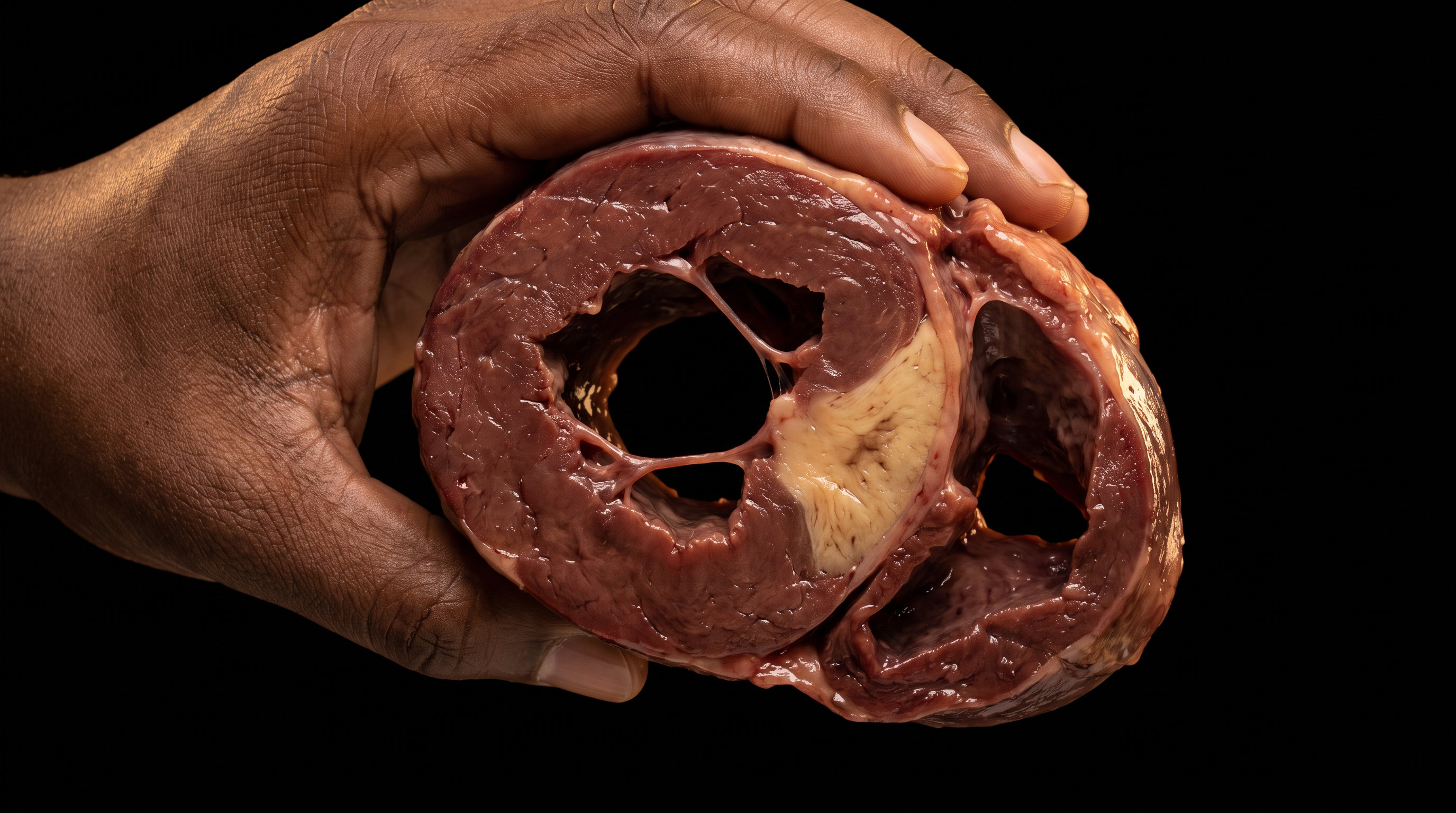 Gross cardiac specimen: short-axis slice through the left ventricle showing a pale, firm, sharply demarcated zone of coagulative necrosis confined to the wall, bordered by viable dark red-brown myocardium, with the chamber lumen and right ventricle clearly unaffected