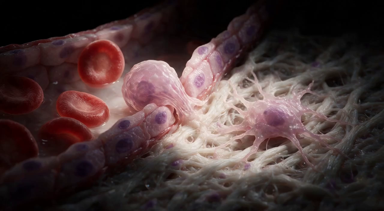 Erythema Nodosum: a macrophage extravasating through the vessel wall into the fat lobule, migrating toward the site of injury to begin clearing debris