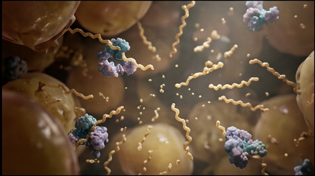 Extreme macro of pancreatic lipase enzyme molecules actively cleaving triglyceride bonds within the fat lobule, releasing free fatty acid chains and glycerol into the surrounding fluid