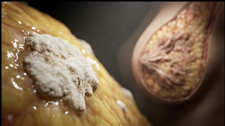 Depth-split frame: a chalky-white omental plaque in extreme macro foreground, a fibrosed calcified breast lesion in cross-section soft-focus background