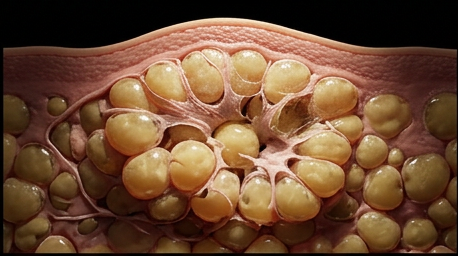 Macro cutaway just beneath the skin at the point of compression, a cluster of adipocytes physically crushed and rupturing under shear force, thin cell membranes tearing