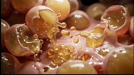 Extreme macro at the moment of membrane rupture, glistening triglyceride lipid droplets spilling out of burst adipocytes into the surrounding interstitial space