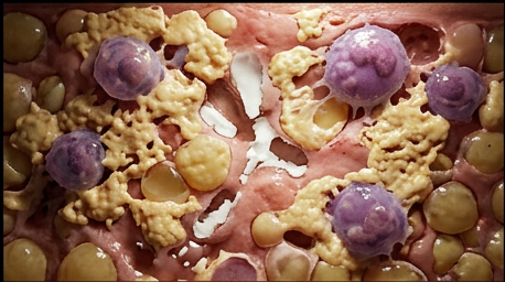 Foamy lipid-laden macrophages and multinucleated giant cells surrounding pools of cholesterol debris, real cellular cleanup activity