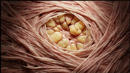 Dense fibrous connective tissue physically encapsulating the lesion from the outside in, collagen fibers wrapping and walling off the calcified fatty core