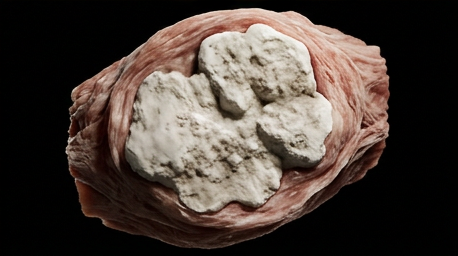 The final stable lesion years later: a firm, chalky-white, irregularly calcified nodule in cutaway cross-section, encapsulated in fibrous tissue