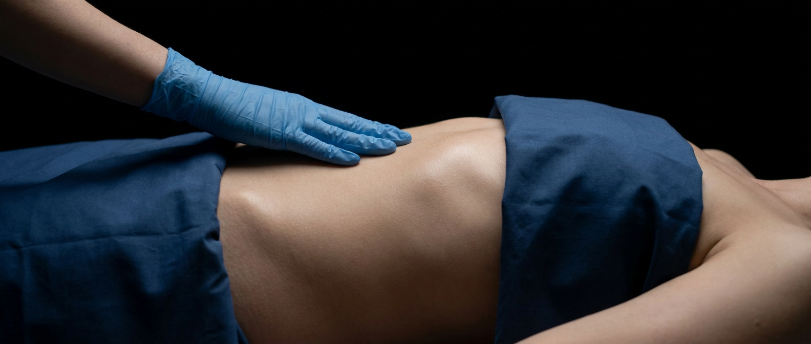 Same abdominal exam from the opening shot, now unremarkable