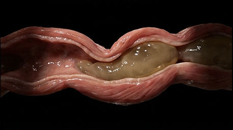 A stalled segment of colon, contents barely moving