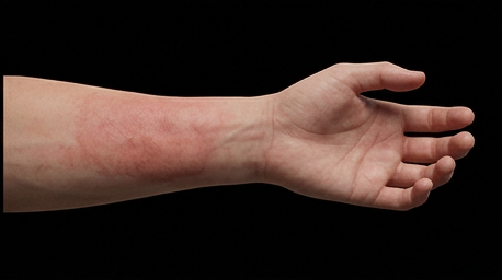 Same forearm from the opening shot, bullae healed, skin intact