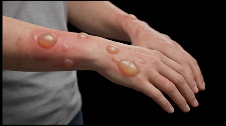 Porphyria Cutanea Tarda — fragile blistered skin on sun-exposed forearm, bullae and erythema