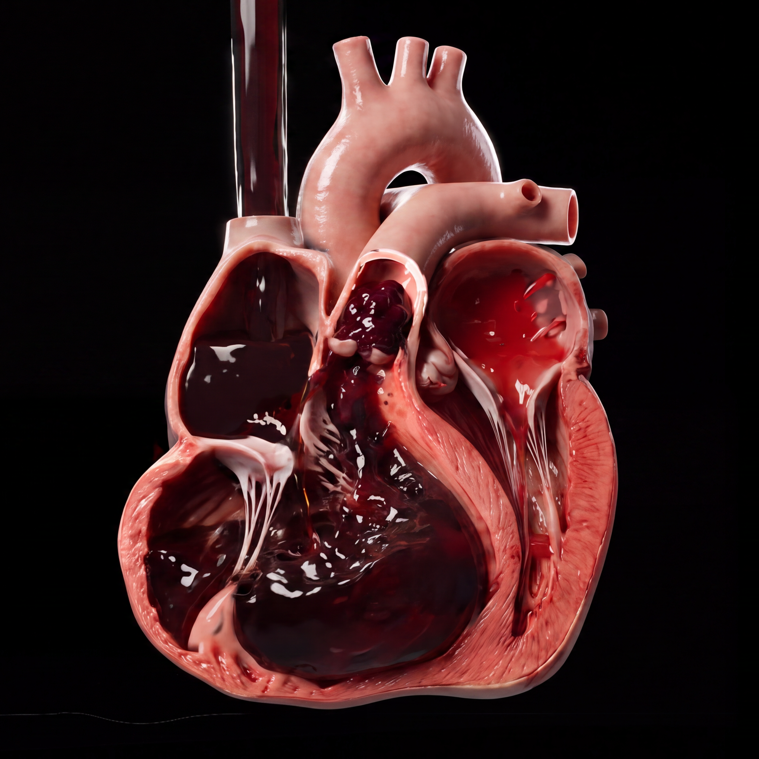 Right ventricular strain: heart dilated under pulmonary circuit obstruction