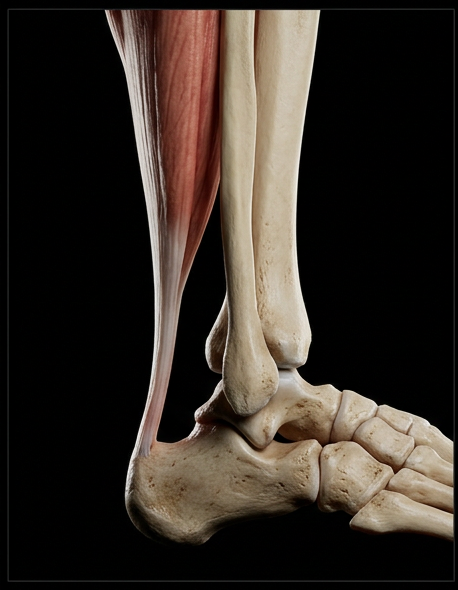 Corrected bony architecture: tibia and fibula ending at the talus, calcaneus positioned below and behind, Achilles tendon crossing behind the ankle joint before inserting at the calcaneal tuberosity