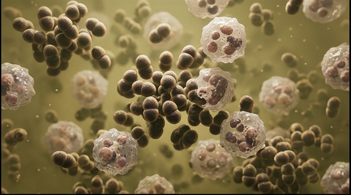 Molecular macro of live diplococci multiplying in synovial fluid, neutrophils engaging a real infection