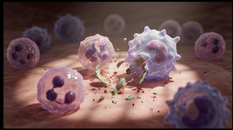 Macrophages and immune cells clearing debris from an original mucosal infection site, the organism already gone