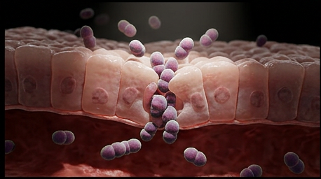 Live diplococci breaching the mucosal barrier into the bloodstream, the start of gonococcal dissemination