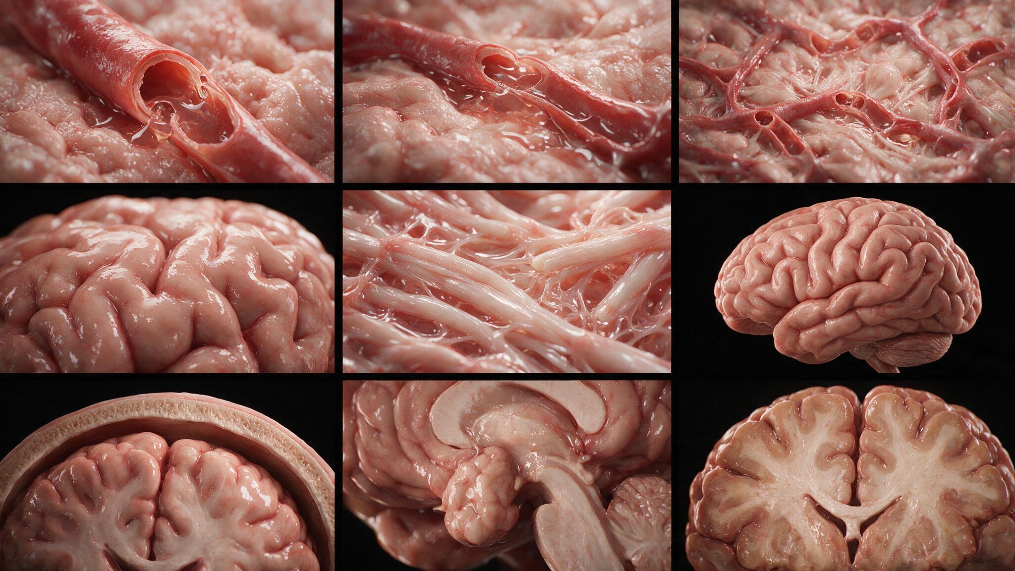 Brain cross-section showing cerebral edema with flattened gyri, narrowed sulci, and petechial hemorrhages throughout the cortex — the neuropathology of fulminant RMSF