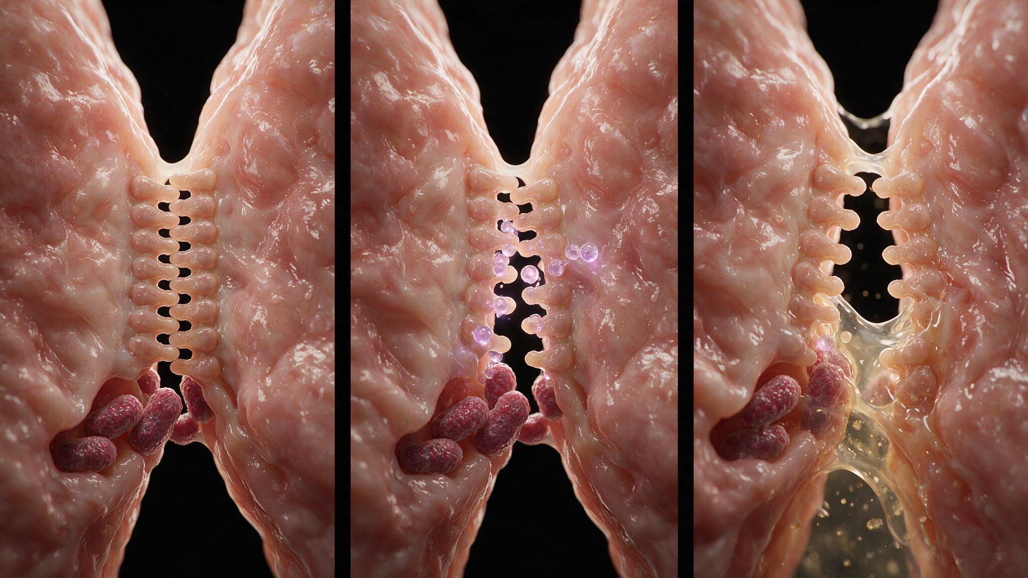 Molecular-scale view of VE-cadherin zipper between two endothelial cells: intact junction on the left, disrupted junction on the right with rickettsial organisms at the gap, plasma leaking through the breach