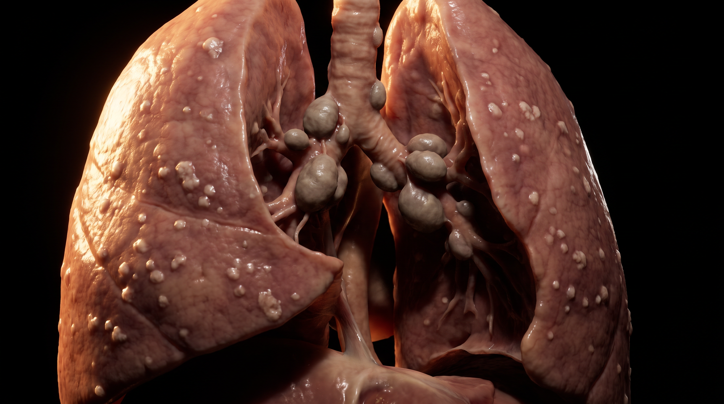 Sarcoidosis: volumetric reconstruction of both lungs peppered with pale granuloma nodules, bilateral hilar lymph nodes visibly enlarged at the point where the bronchi branch