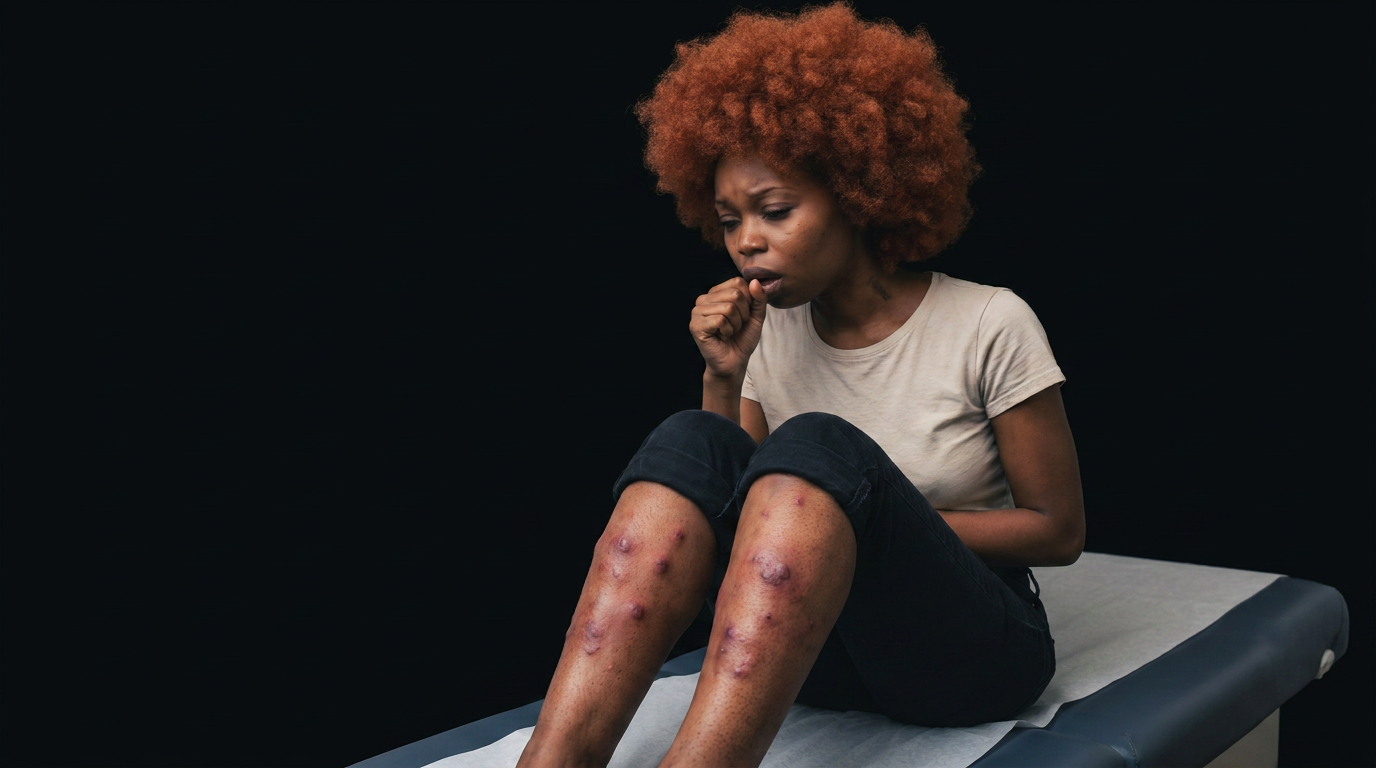 Sarcoidosis clinical presentation: a Black woman mid-cough on an exam table, pant legs rolled to the knee revealing tender erythema nodosum nodules on both shins, medically accurate dark-skin tone