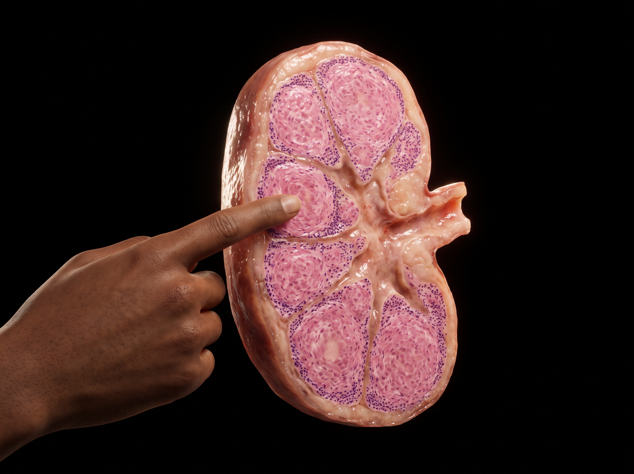 Sarcoidosis: cross-section of a hilar lymph node with multiple discrete non-caseating granulomas, solid pink epithelioid histiocytes packed edge to edge with no central necrosis