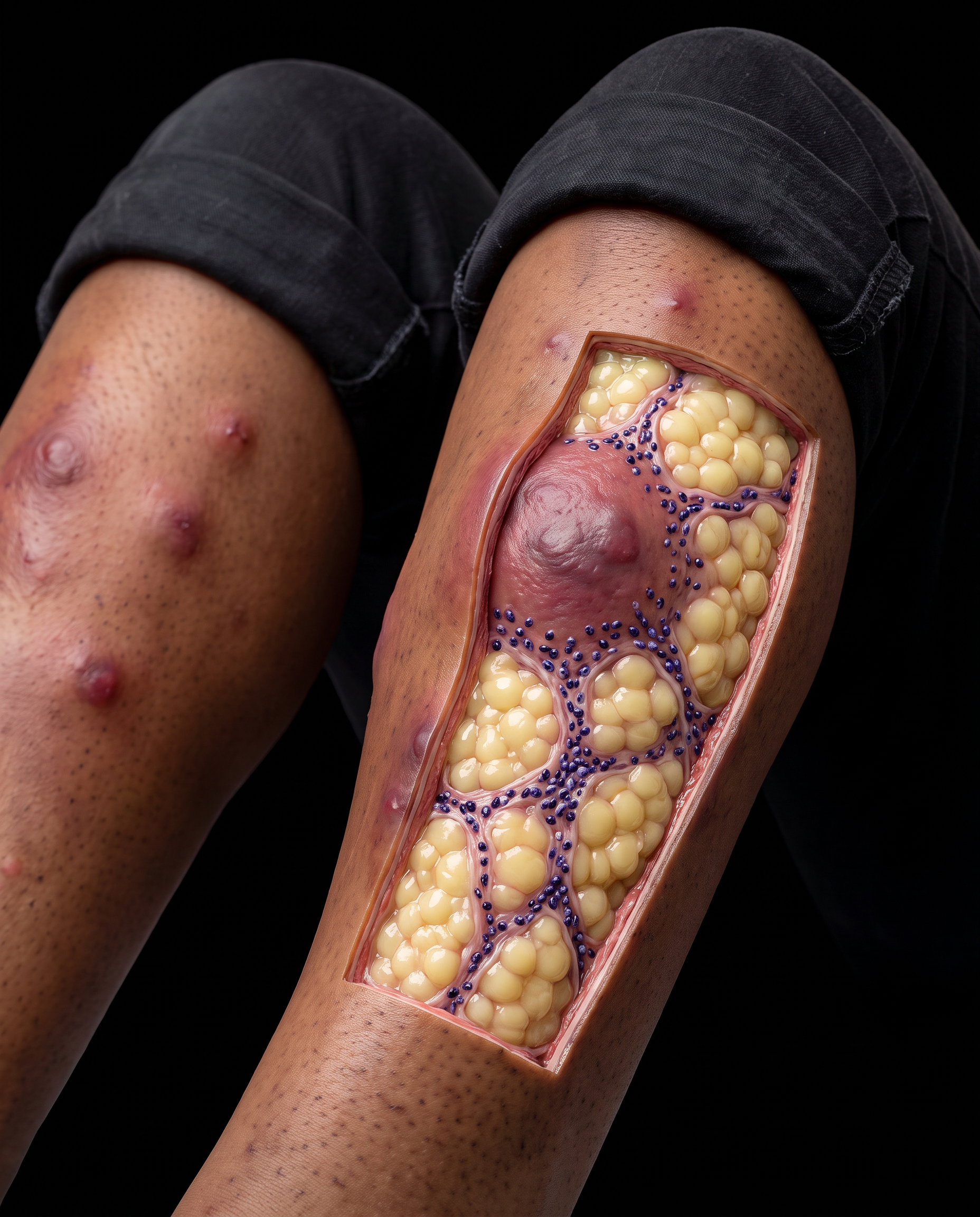 The same patient's shins from the opening photograph, cut open at one nodule to reveal thickened, lymphocyte-packed inflamed septa between intact, necrosis-free subcutaneous fat lobules