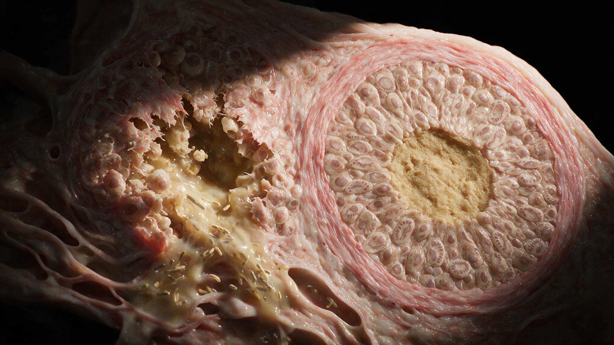 TB caseous granuloma rupture: full sequence from intact granuloma with collagen rim and Langhans giant cells, through liquefaction, to rupture and bacillary spill into lymphatics