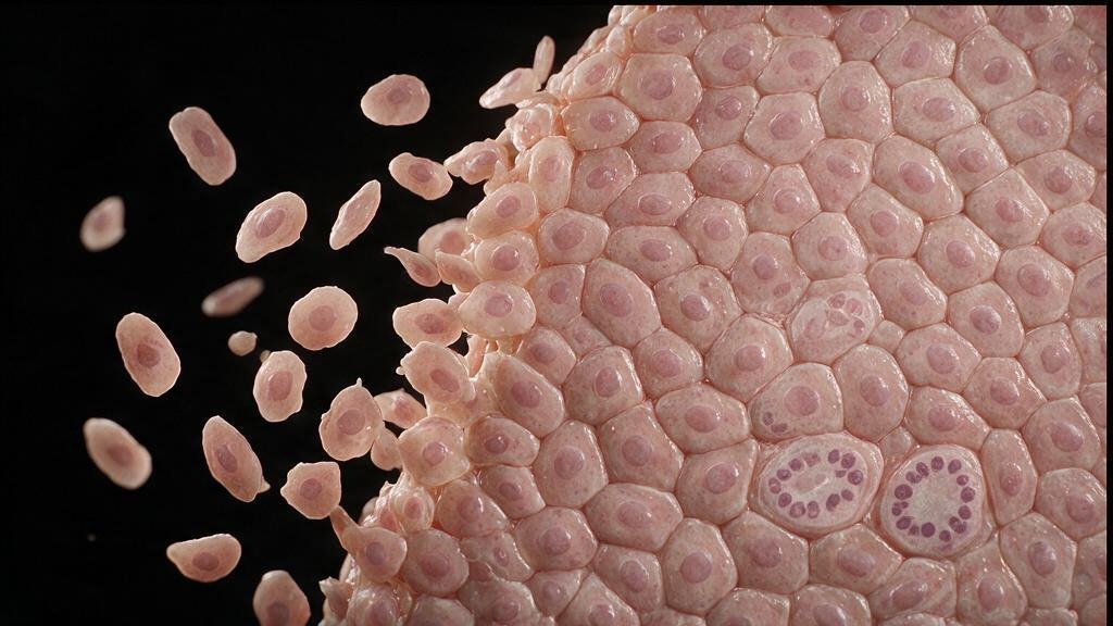 Epithelioid sheet detachment: the granuloma wall failing, epithelioid histiocytes losing cohesion as caseous core liquefies