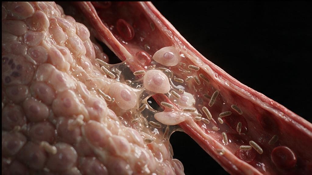 Vessel wall breach: bacilli and cellular debris crossing the vessel wall into the bloodstream