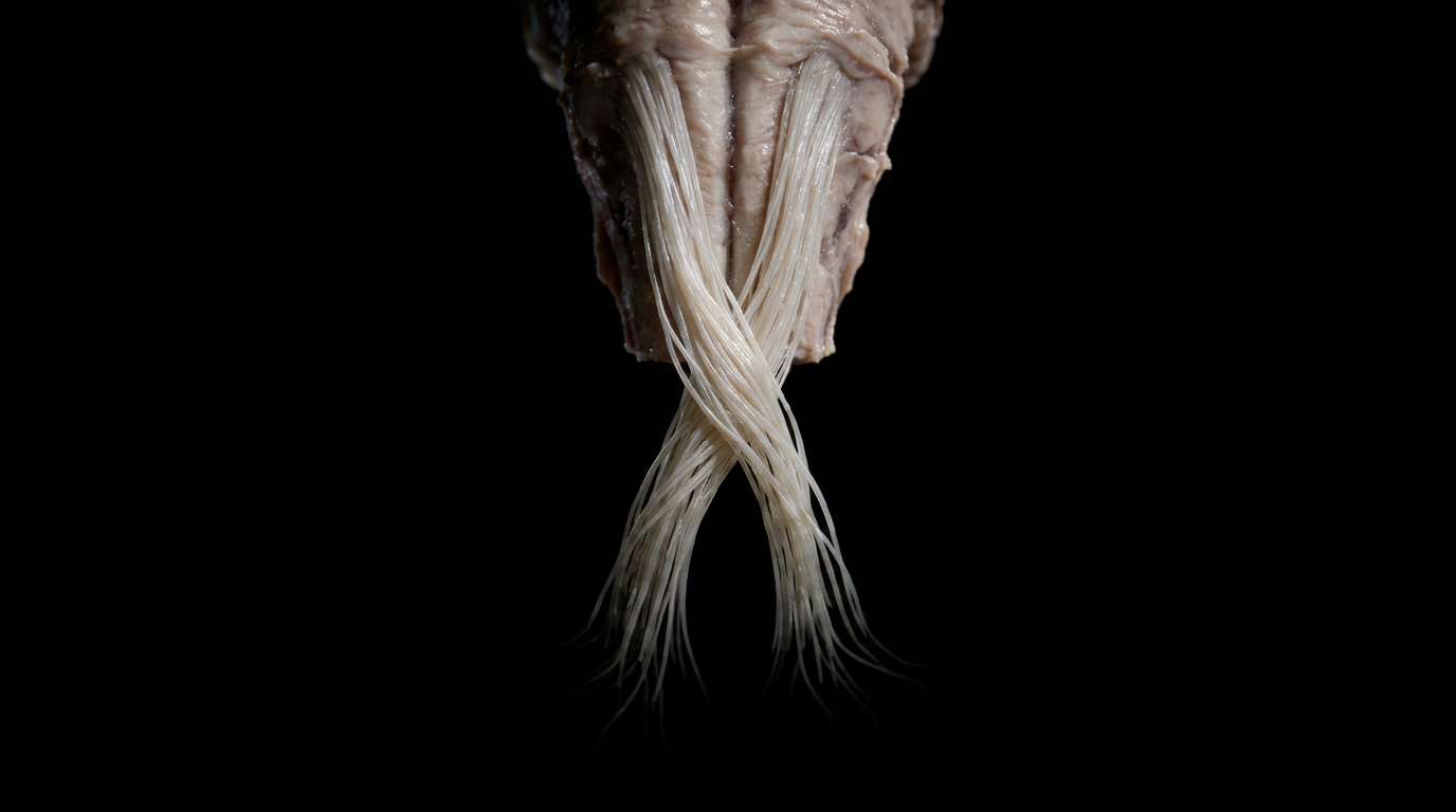 Pyramidal decussation, wide view: corticospinal fibers crossing the midline from brainstem into spinal cord white matter