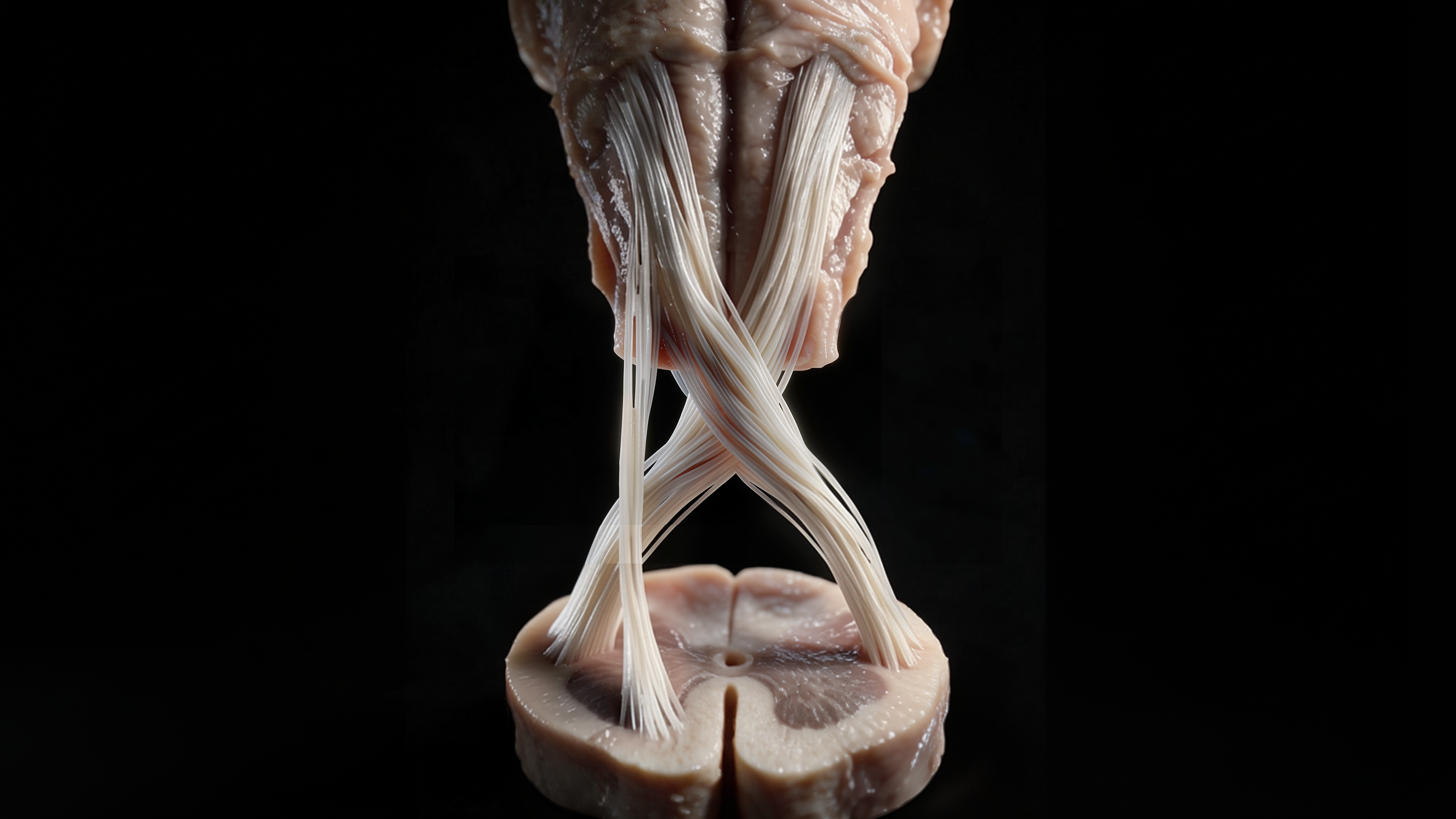 Pyramidal decussation: corticospinal fibers crossing the midline in a real anatomical X-pattern, descending from brainstem into spinal cord white matter