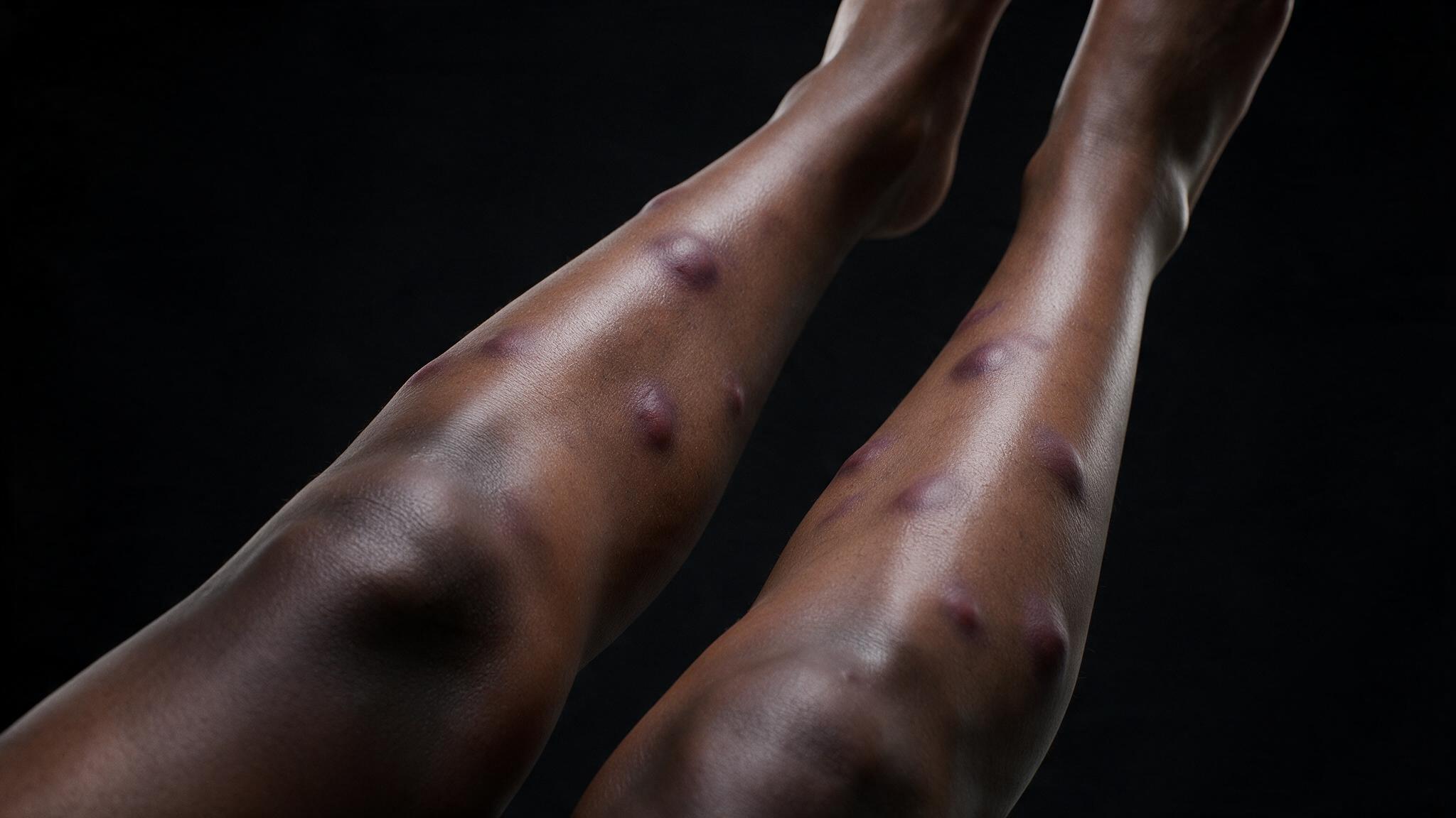 Erythema Nodosum clinical presentation: Dutch-tilt view down both shins of a Black patient, multiple tender dusky reddish-purple nodules scattered bilaterally along the anterior lower legs, medically accurate dark-skin tone