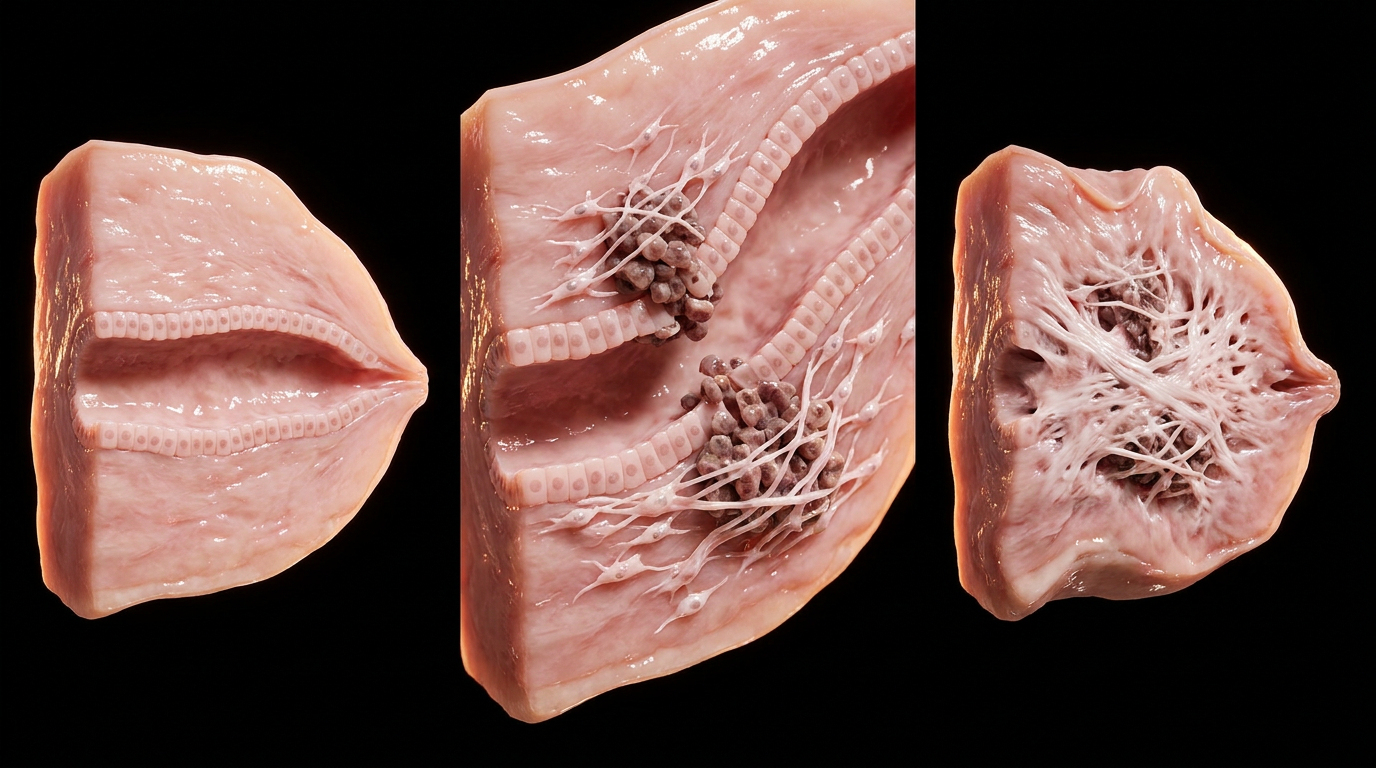 Pathology Bank — 3D volumetric renders of real pathology plates paired against textbook micrographs
